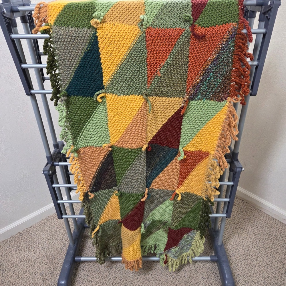 Vintage Handmade Knit Patchwork Triangle Throw Blanket Earth Tones Boho 80x56